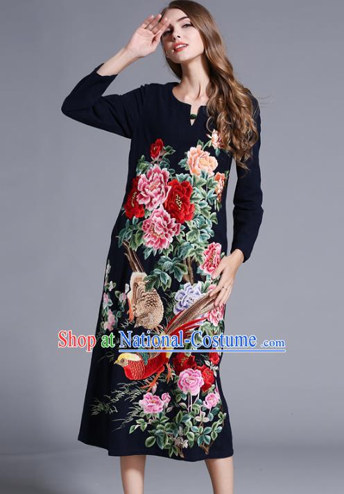 Chinese National Costume Orphrey Embroidered Navy Cheongsam Qipao Dress for Women