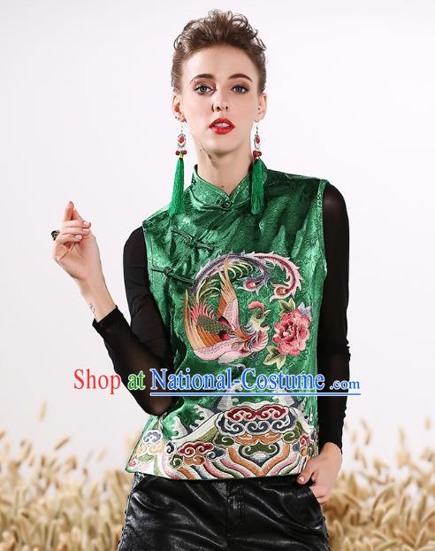 Chinese National Costume Traditional Embroidered Phoenix Peony Green Vests Waistcoat for Women