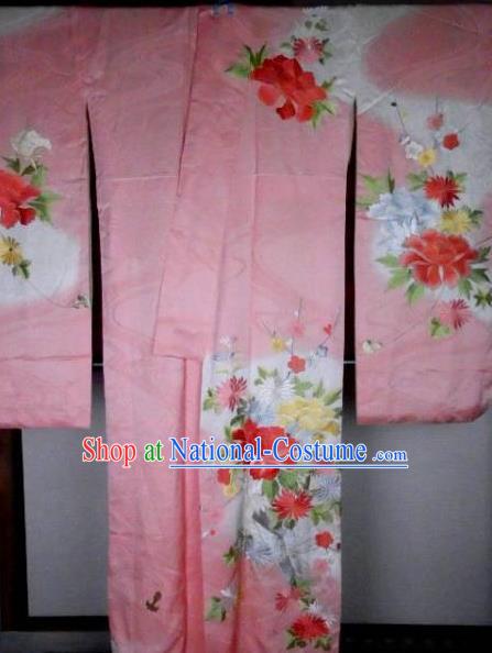 Ancient Japanese Palace Printing Pink Furisode Kimonos Traditional Yukata Dress Formal Costume for Women