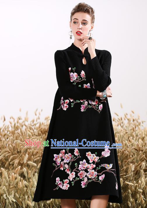 Chinese National Costume Embroidered Peach Blossom Qipao Dress Cheongsam for Women