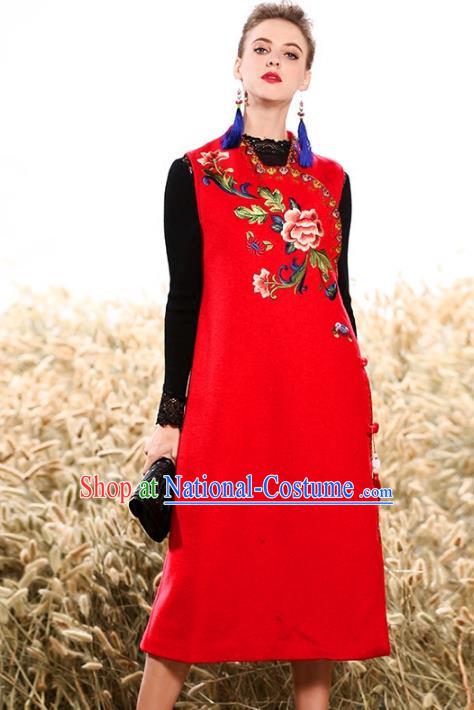 Chinese National Costume Traditional Embroidered Vests Dress Red Cheongsam for Women