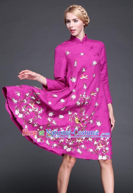 Chinese National Costume Embroidered Flowers Birds Rosy Qipao Dress Cheongsam for Women