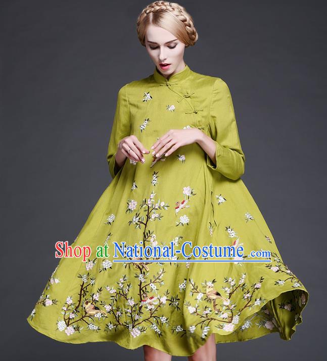 Chinese National Costume Embroidered Flowers Birds Green Qipao Dress Cheongsam for Women