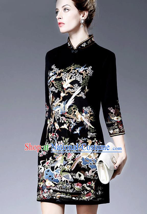 Chinese National Costume Embroidered Black Qipao Dress Stand Collar Cheongsam for Women