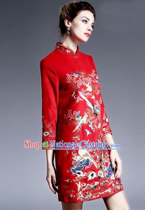 Chinese National Costume Embroidered Red Qipao Dress Stand Collar Cheongsam for Women