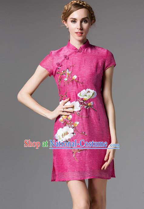 Chinese National Costume Embroidered Pink Qipao Dress Stand Collar Cheongsam for Women