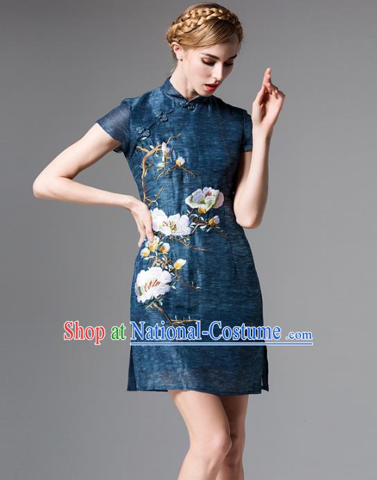 Chinese National Costume Embroidered Peacock Blue Qipao Dress Stand Collar Cheongsam for Women