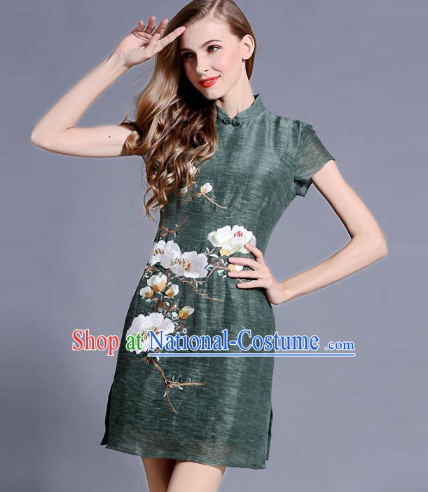 Chinese National Costume Embroidered Green Qipao Dress Stand Collar Cheongsam for Women