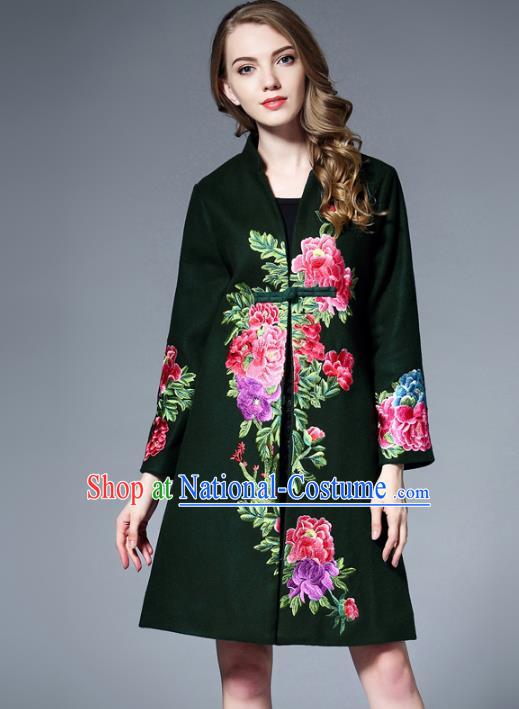 Chinese National Costume Green Wool Coats Traditional Embroidered Peony Dust Coats for Women