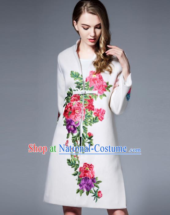 Chinese National Costume White Wool Coats Traditional Embroidered Peony Dust Coats for Women