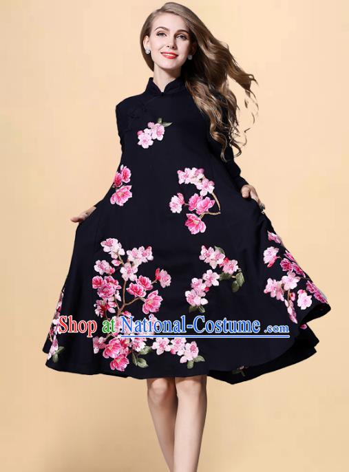 Chinese National Costume Embroidered Peach Blossom Navy Qipao Dress Stand Collar Cheongsam for Women