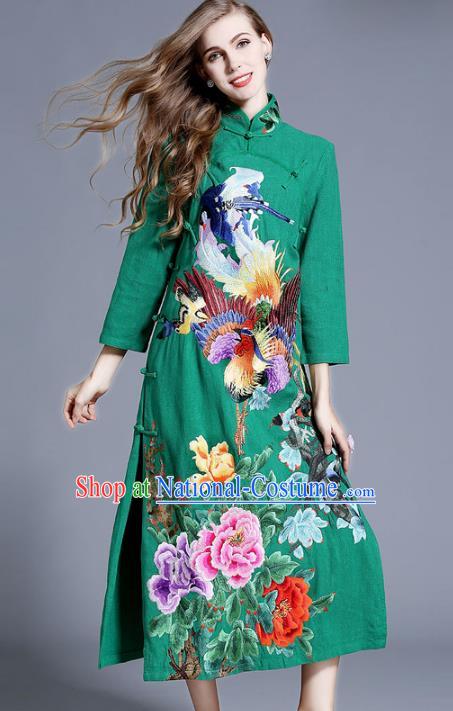 Chinese National Costume Stand Collar Green Cheongsam Embroidered Peony Qipao Dress for Women