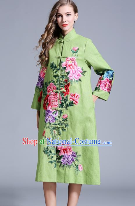 Chinese National Costume Green Plated Buttons Coats Traditional Embroidered Peony Dust Coats for Women