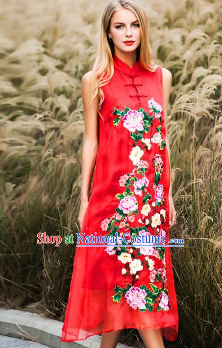 Chinese National Costume Stand Collar Red Cheongsam Embroidered Peony Sleeveless Qipao Dress for Women