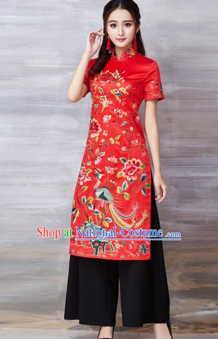 Chinese National Costume Red Cheongsam Embroidered Peony Stand Collar Qipao Dress for Women