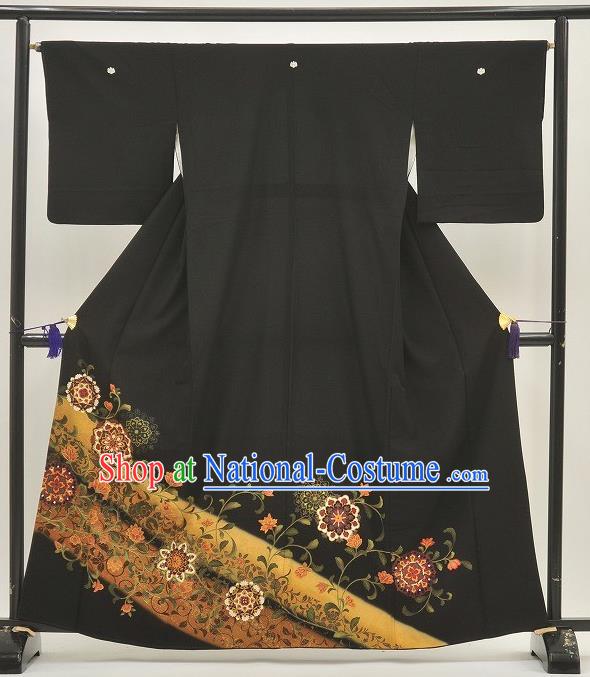 Japanese Samurai Garment Kimono Printing Black Yukata Robe Traditional Wafuku Hakama Costume for Men