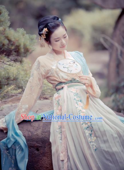 Traditional Chinese Ancient Tang Dynasty Palace Princess Embroidered Costume Hanfu Dress for Women