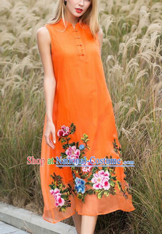 Chinese National Costume Orange Silk Cheongsam Embroidered Peony Qipao Dress for Women