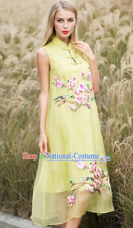 Chinese National Costume Yellow Silk Cheongsam Embroidered Peach Blossom Qipao Dress for Women