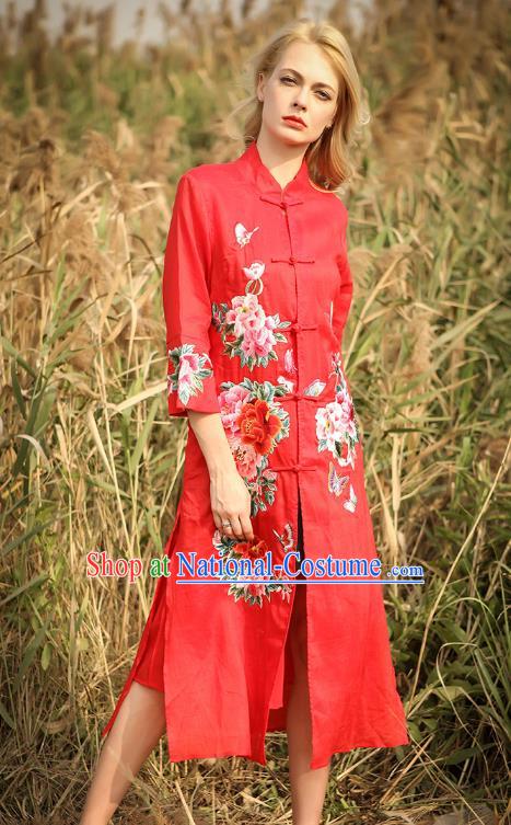 Chinese National Costume Red Cardigan Cheongsam Embroidered Peony Qipao Dress for Women