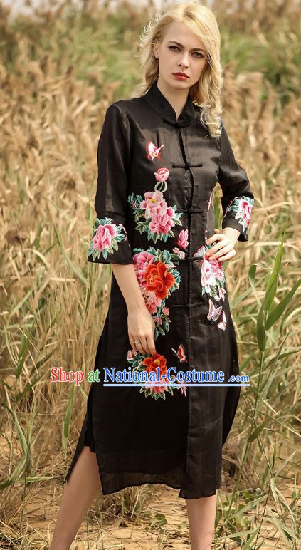 Chinese National Costume Black Cardigan Cheongsam Embroidered Peony Qipao Dress for Women