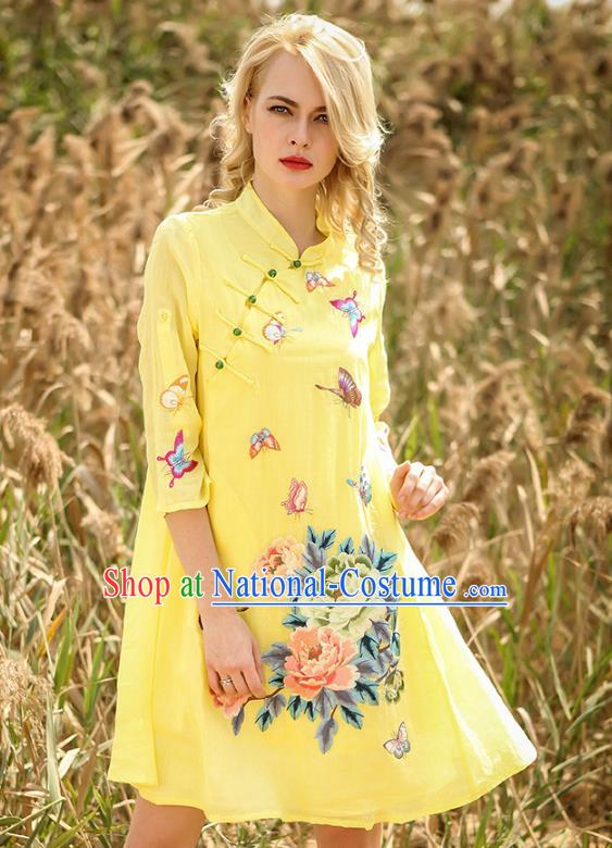 Chinese National Costume Yellow Cheongsam Embroidered Peony Butterfly Qipao Dress for Women