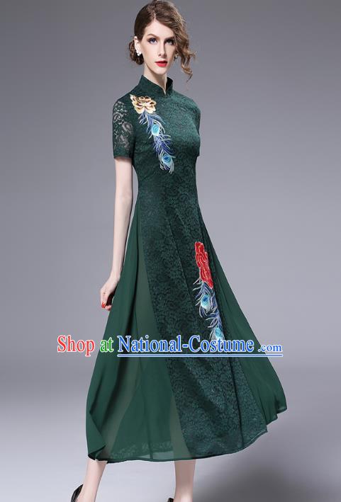 Chinese National Costume Green Lace Cheongsam Embroidered Qipao Dress for Women