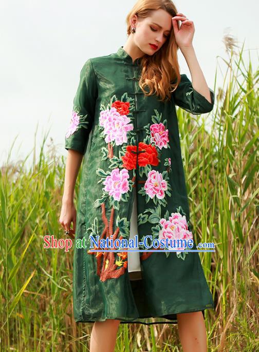 Chinese National Costume Green Plated Buttons Coats Traditional Embroidered Peony Cardigan for Women