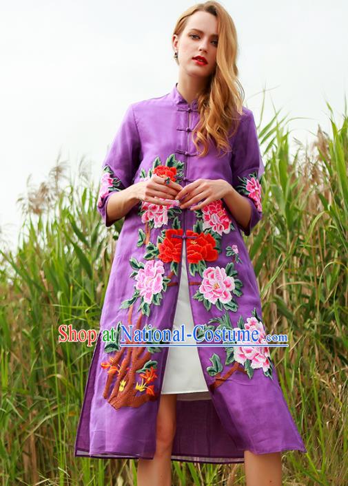 Chinese National Costume Purple Plated Buttons Coats Traditional Embroidered Peony Cardigan for Women