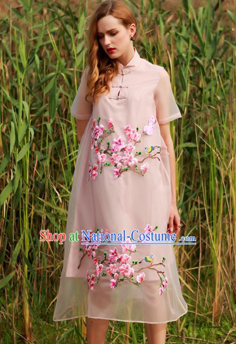 Chinese National Costume Embroidered Peach Blossom Cheongsam Pink Qipao Dress for Women