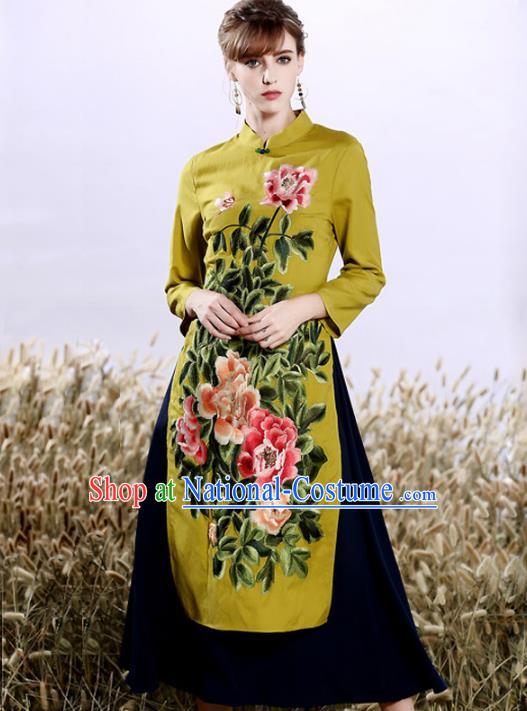 Chinese National Costume Embroidered Peony Cheongsam Green Qipao Dress for Women