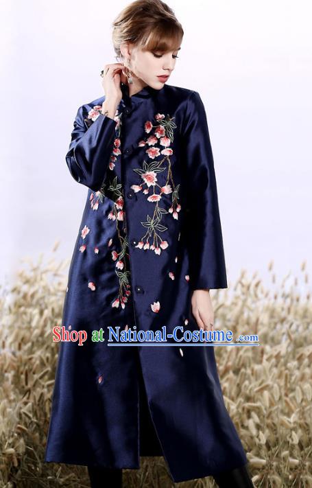 Chinese National Costume Plated Buttons Navy Coats Traditional Embroidered Dust Coat for Women