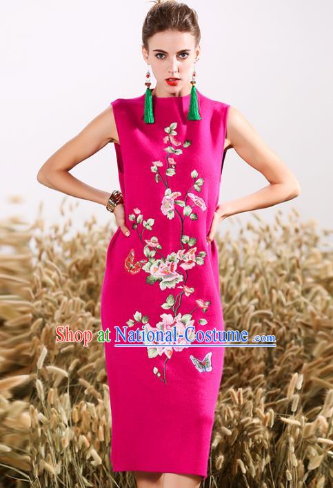 Chinese National Costume Embroidered Butterfly Pink Cheongsam Vintage Qipao Dress for Women