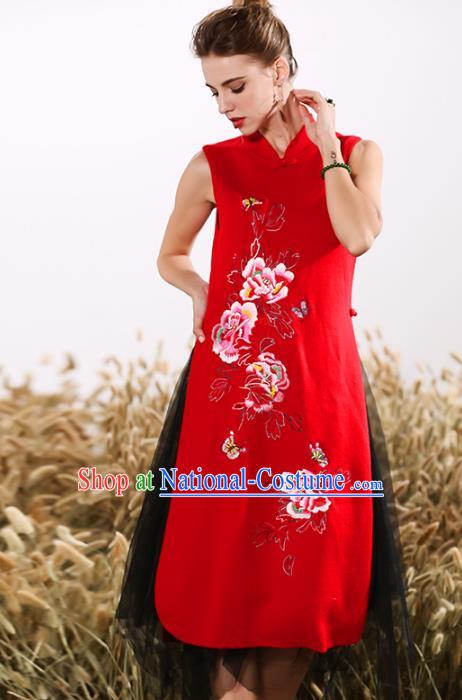 Chinese National Costume Embroidered Peony Red Cheongsam Vintage Veil Qipao Dress for Women