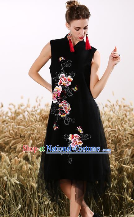 Chinese National Costume Embroidered Peony Black Cheongsam Vintage Veil Qipao Dress for Women