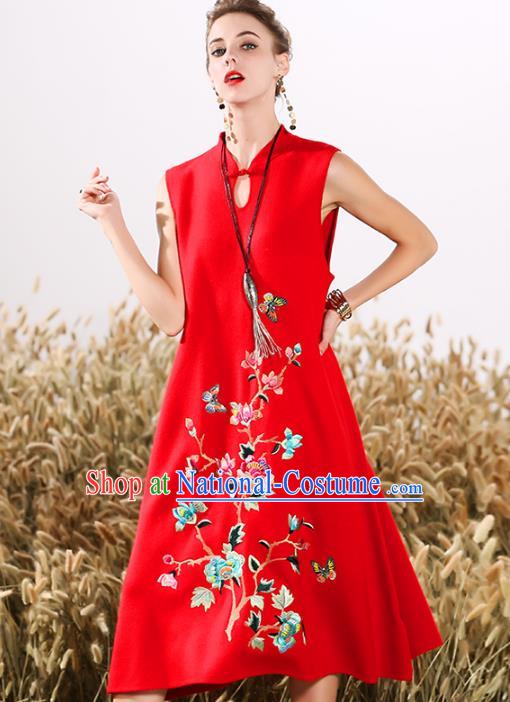 Chinese National Costume Cheongsam Embroidered Peony Red Qipao Dress for Women