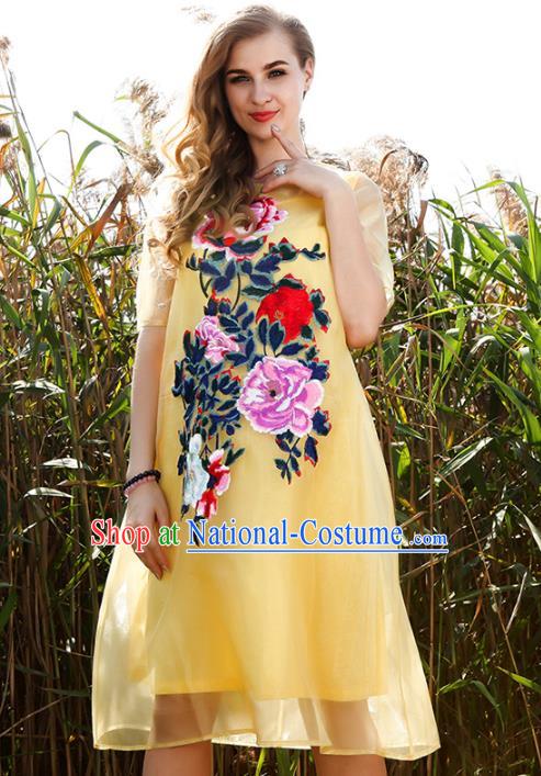 Chinese National Costume Yellow Organza Cheongsam Embroidered Peony Qipao Dress for Women