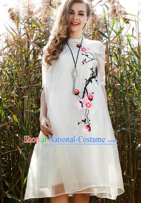 Chinese National Costume White Organza Cheongsam Embroidered Mangnolia Qipao Dress for Women