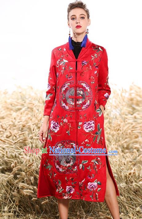 Chinese National Costume Plated Buttons Coats Traditional Embroidered Red Dust Coat for Women