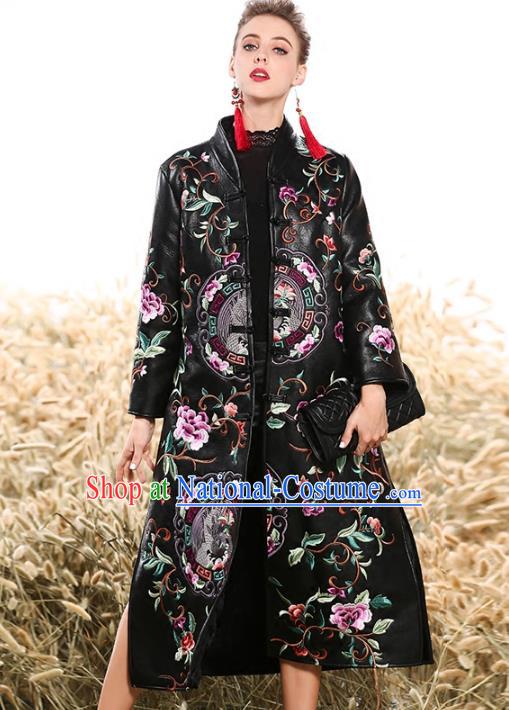 Chinese National Costume Plated Buttons Coats Traditional Embroidered Black Dust Coat for Women