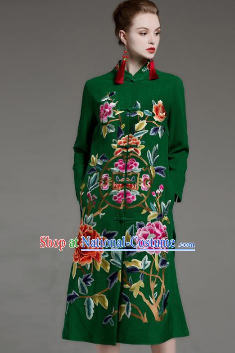 Chinese National Costume Embroidered Peony Coats Traditional Green Dust Coat for Women