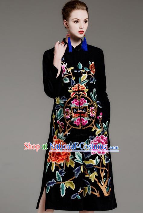 Chinese National Costume Embroidered Peony Coats Traditional Black Dust Coat for Women