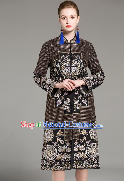 Chinese National Costume Embroidered Brown Coats Traditional Dust Coat for Women