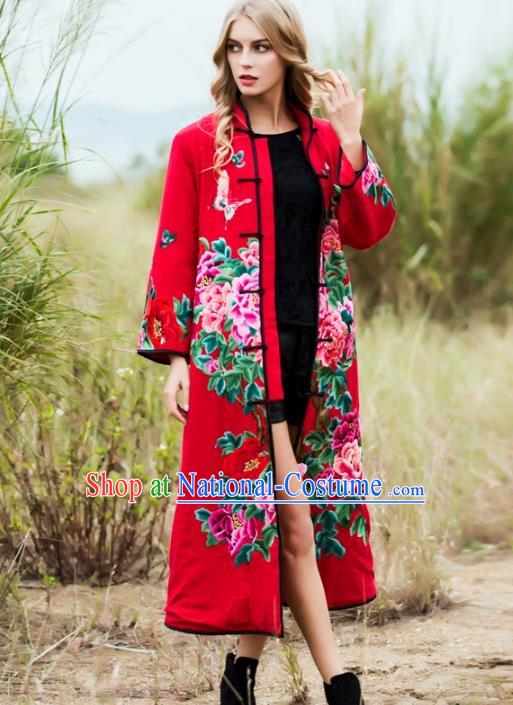 Chinese National Costume Tang Suit Coats Traditional Embroidered Peony Red Dust Coat for Women