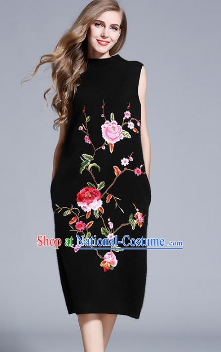 Chinese National Costume Cheongsam Embroidered Peony Black Dress Tang Suit Qipao for Women