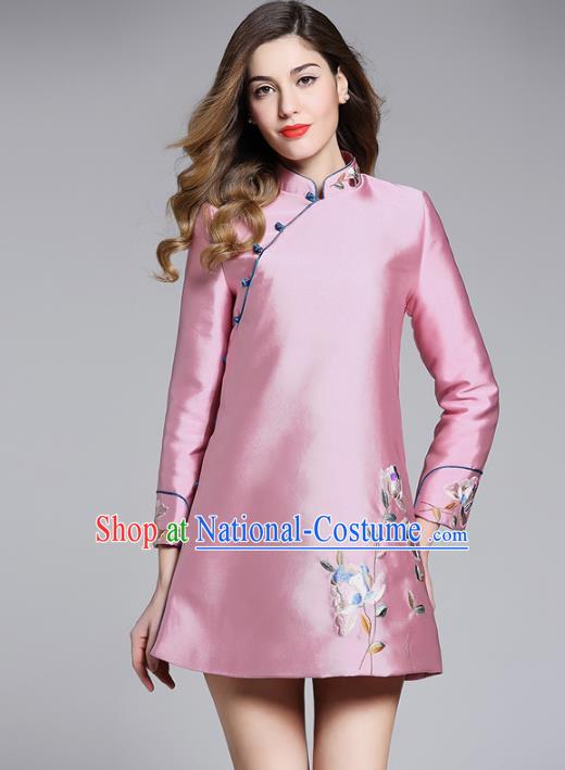 Chinese National Costume Cheongsam Embroidered Pink Dress Tang Suit Qipao for Women