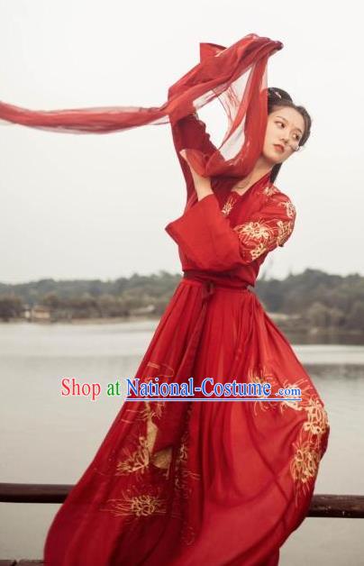 Chinese Ancient Tang Dynasty Princess Embroidered Costume Hanfu Dress for Women