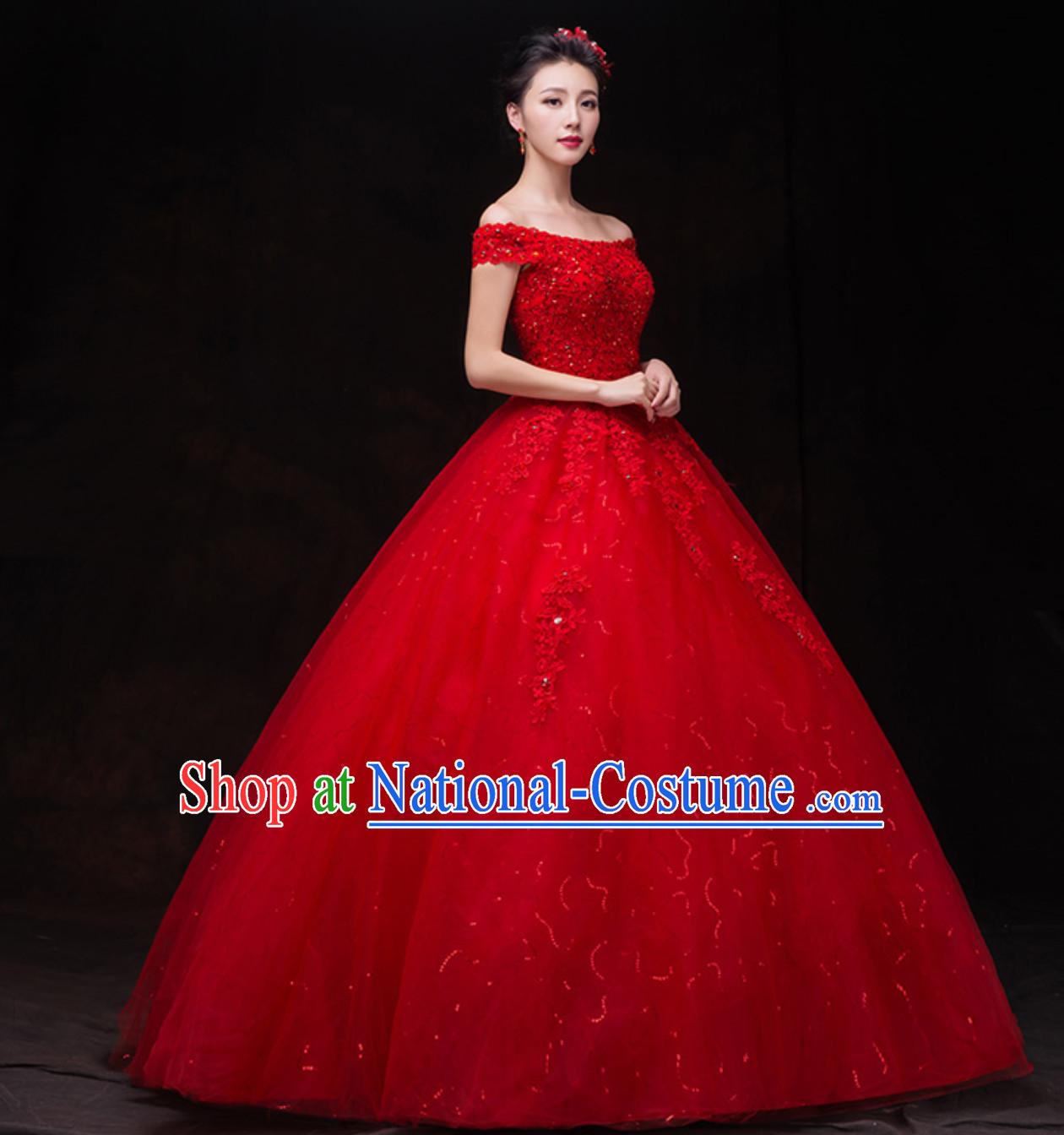 Top Classical Lucky Red Romantic Princess Wedding Dress Evening Dresses