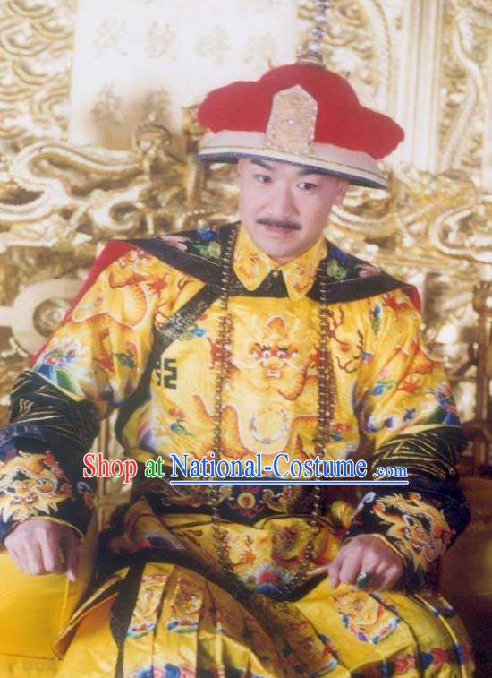 Chinese Traditional Historical Costume China Qing Dynasty Kangxi Emperor Embroidered Dragon Robe Clothing