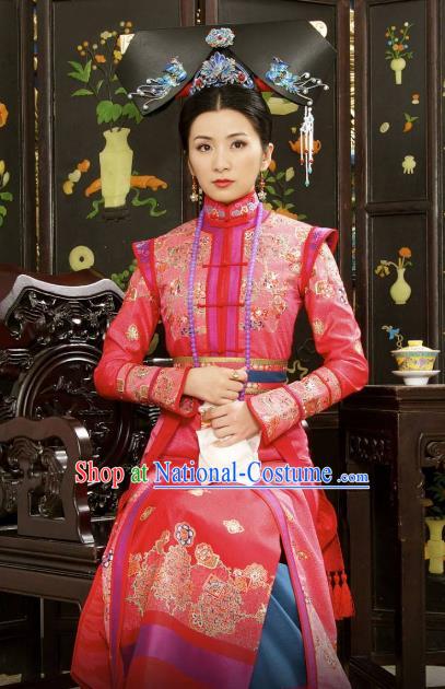 Chinese Ancient Shunzhi Empress Historical Replica Costume China Qing Dynasty Palace Lady Embroidered Clothing